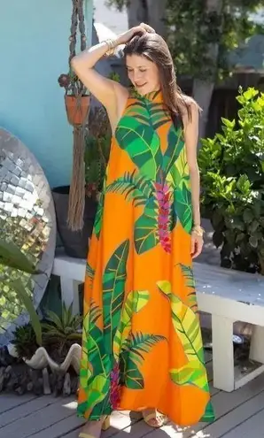 Farm Rio ANTHROPOLOGIE Tropical Leaves Print Halter Maxi Dress XXS Orange