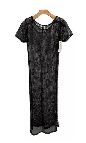 Love Nation Fishnet Swim Cover Dress Women's XL Full Length Side Slits Black NEW