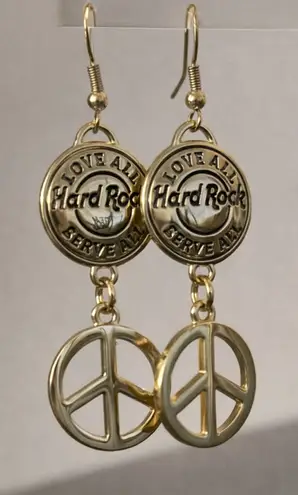 Hard Rock Cafe Gold Peace Dangle Earrings | Iconic Rock Chic