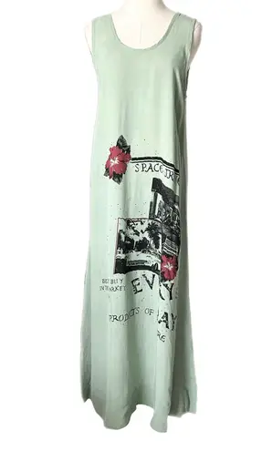 Citron 100% Silk Sleeveless Maxi Dress Space Travel Graphic Print Green Sz Med