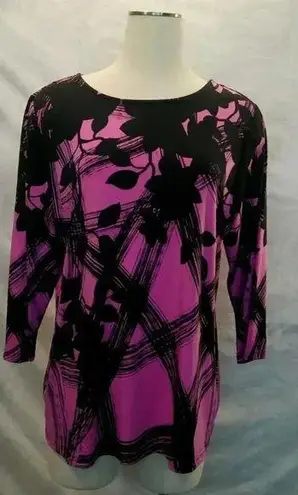 Bob Mackie Black Pink Floral Pullover Blouse Stretch 3/4 Sleeve Size Large