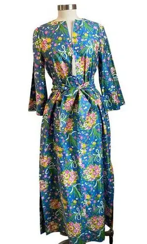 Vintage David Brown Floral Bouquet Cotton Zip Up Belted Caftan Dress Size Small Blue