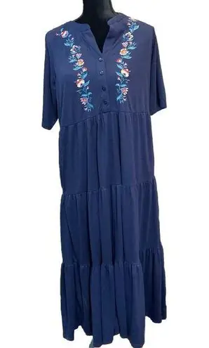 Woman Within Medium 14/16 Maxi Dress Blue Embroidered Floral Boho Cottage Travel
