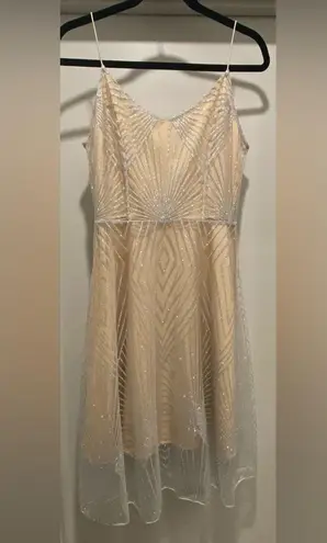 Beige Cream & Silver Glittery Art Deco Patterned Overlay Sleeveless Dress