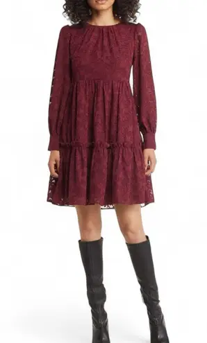 Eliza J NWT Floral Lace Long Sleeve Tiered Dress Wine Maroon Ruffle Size 6