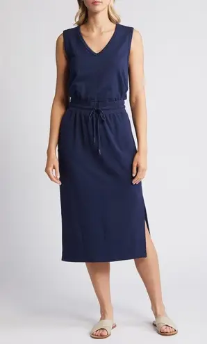 Evereve Elastic Waistband Drawstring Navy Blue Midi Dress size medium