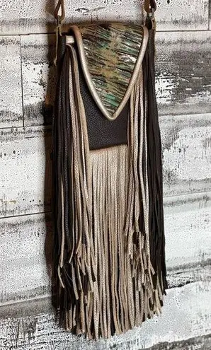 Multicolored metallic leather crossbody purse. Double Fringe, phone pocket