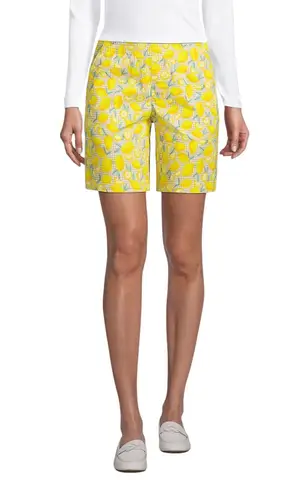 Lands End Size 4P Chino Shorts Lemon Print Gingham Yellow Elastic Mid Rise 549