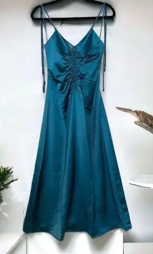 Jason Wu  Teal Turquoise Satin Tie Strap low black slip midi dress ruched XS