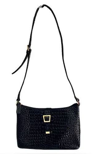 Etienne Aigner Vintage Black Shiny Croc Embossed Leather Shoulder Bag