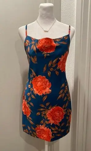 Cantonwalker Navy & Red Floral Cowl Neck Sleeveless Satin Slip Mini Dress