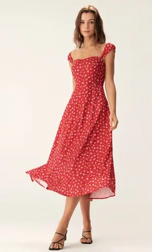 Rihoas Red Floral Sweetheart Neck Cap Sleeve Midi Dress