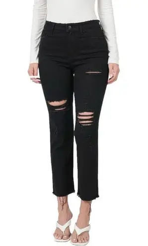 Zenana Outfitters Jeans Womens Size 24 Distressed Straight Raw Hem Cropped Black denim