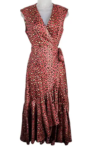 Rebecca Taylor Leo Pink Leopard Ruffle Trim Tie Waist Wrap Dress Midi Tea Length