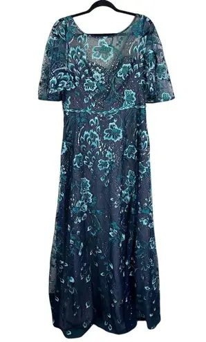 NEW Marchesa Notte Gown Womens 10 Sequin Embroidered Tulle Formal Maxi Dress Blue