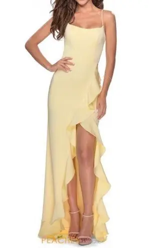 La Femme Flutter Slit Trumpet Gown 28294 in Pale Yellow 10 NWOT