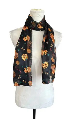 Halloween Pumpkin and Bat Scarf | Lightweight Satin Scarf | Jack O' Lantern Prin Orange