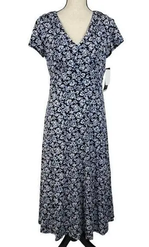Perceptions NY SZ 8 A-Line Midi Dress Floral Cap Sleeve Empire Waist V-Neck Blue