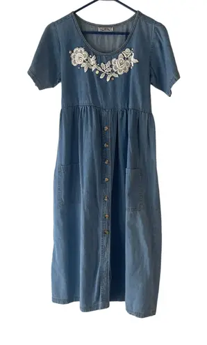 True Blue Vintage 90s Women's Size 12 Lace Button Denim Cottage Dress