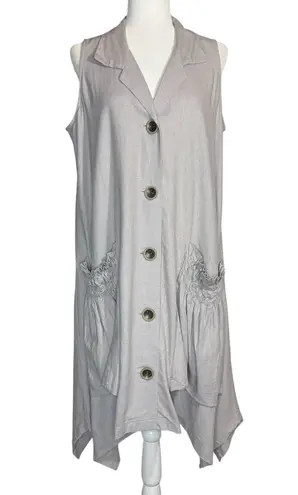 For Cynthia Dress L Gray Button Up Linen Lagenlook Pockets Sleeveless Minimalist