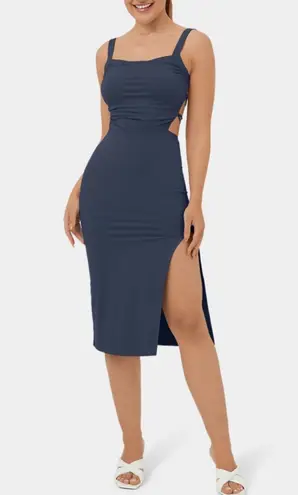 Halara Ruched Backless Crisscross Lace Up split Bodycon Midi Casual Dress