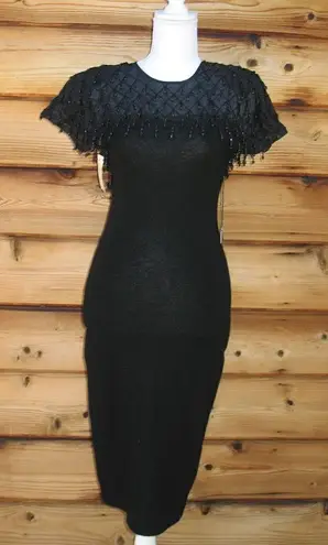 Carmen Marc Valvo NWT Vintage 80s Black Wool Knit Beaded Midi Dress