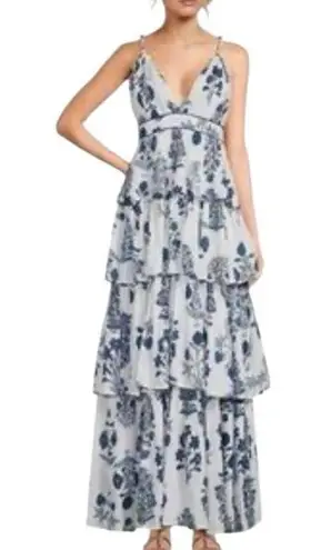 Ro's Garden size large tiered maxi dress white blue floral guest new anthropolog