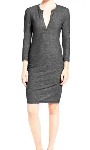 James Perse Henley Dress Deep Charcoal Melange Heathered V-Neck Ruched Mini 0 XS