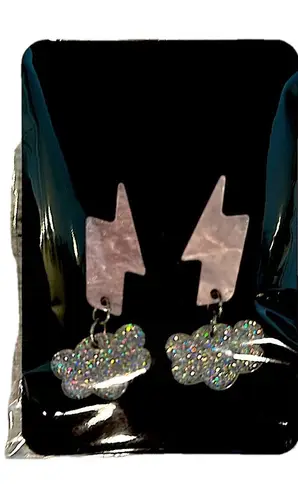 Cloud & Lightning Bolt Dangle Earrings Pink