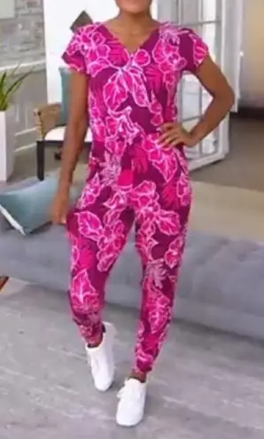 Cuddl Duds Floral ONE PIECE Short Sleeve Jumpsuit Red Pink White PM