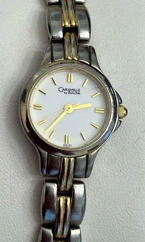 Caravelle by Bulova Ladies Watch Gold Silver Tone Bracelet White Dial Gold Hands