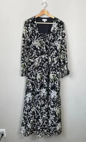 Belle Sky Women's Medium Balloon Sleeve Boho Floral Tie V-Neck Maxi Dress Black