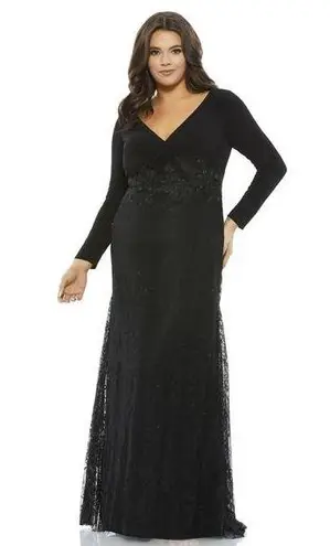 Mac Duggal 67896 Wrap Over Long Sleeve Lace Applique Black Trumpet Gown 16W NWOT