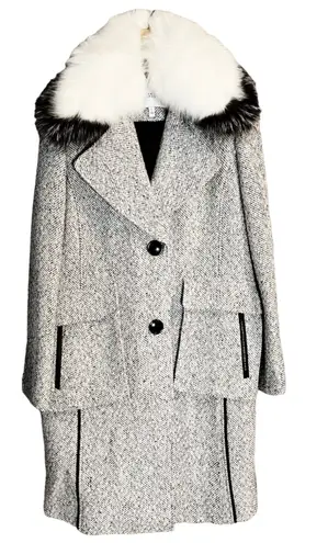 Derek Lam 10 CROSBY Tweed Coat Wool Fur Collar Pockets White Black Designer 8