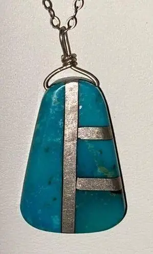Vintage Navajo Harold Smith Turquoise & Sterling Inlay Pendent 925 Necklace Blue
