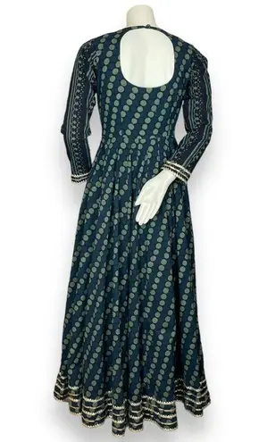 Idaho Clothing Indian Dress Maxi Scarf Set Dots Stripe Medium Cut Out Green Gold