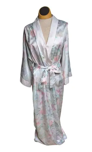 Vtg 1980s Gilligan O'Malley Pastel Pink Green Floral Satin True Wrap Robe L Size L