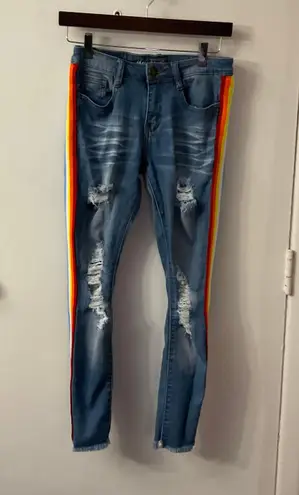 Machine Pour Neuf Mode Rainbow Distressed Denim Jean PRIDE 5/28 Red