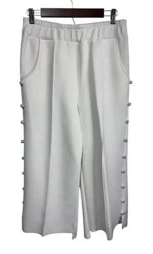 Joh Women's White Wide Leg Pants Pearl Button Trim Pockets Elastic Waist Size L Size L