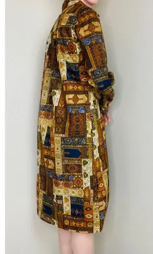 Vintage Brown & Gold Stained Glass Patchwork Shirt Midi Dress Size M