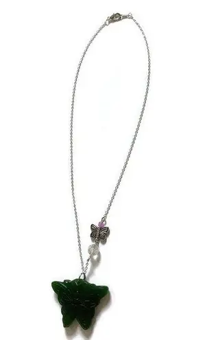 Butterfly Garden Green Jade Pendant & 8KGP Signed Chain
