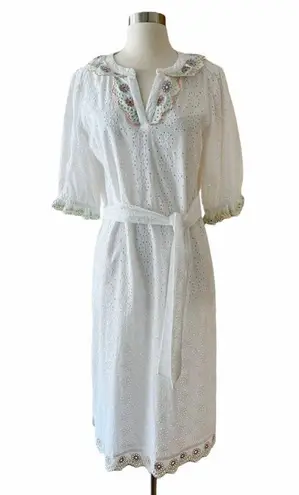 Roller Rabbit Luca Caftan Dress White Eyelet Embroidery Scalloped Floral Small