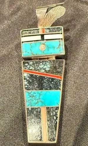 Larry M Chavez Navajo sterling High grade turquoise, Coral yei pendant Blue