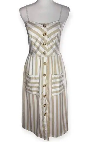 Style House Striped Button Front Pocketed Strappy Midi Dress