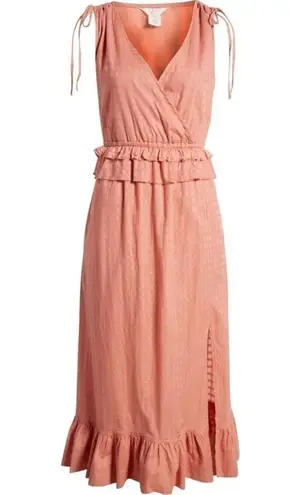 Caslon Faux Wrap Ruffle Dobby Dress Pink Desert XS