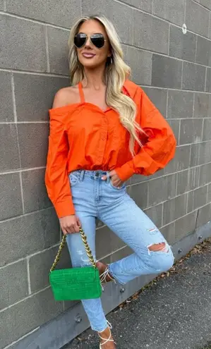 These Three Boutique Orange Off The Shoulder Button Up