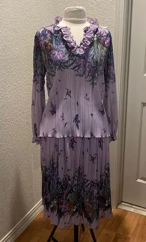 Plaza Square Vintage 2 Piece Skirt Set Purple Floral Pleated Ruffles EUC L/XL