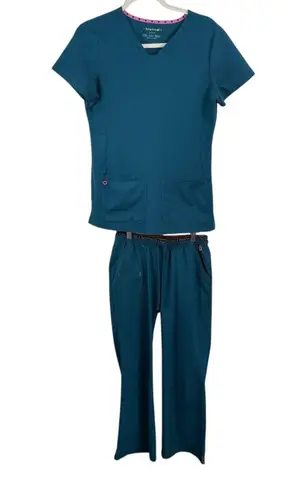 Heartsoul Pitter Patter V Neck Scrub Top Low Rise Pant Set Teal Womens Small Blue Size undefined