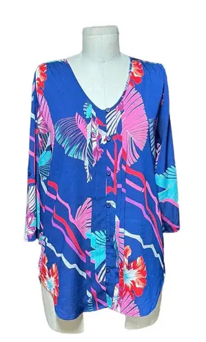 Yumi Kim Lizzie Floral Roll Tab Sleeve Top in Blue with Pink, Red, Teal Size XS