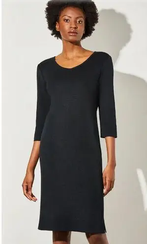 Ming Wang Black Knit 3/4 Sleeve V Neck Midi Dress Size Small